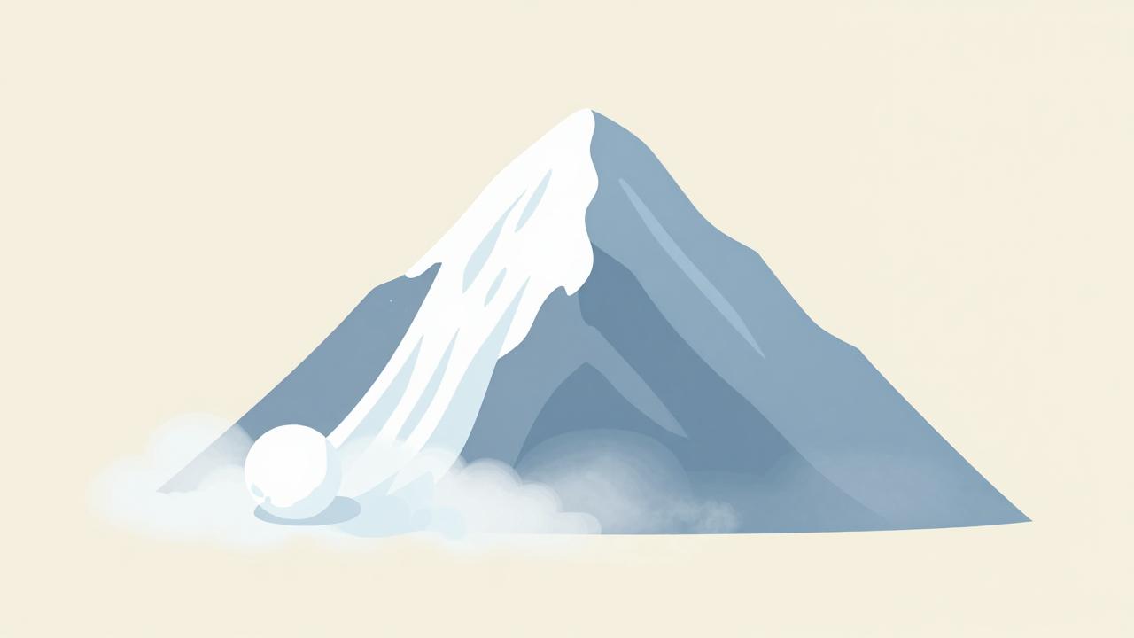 Snowball rolling downhill next to an avalanche mountain