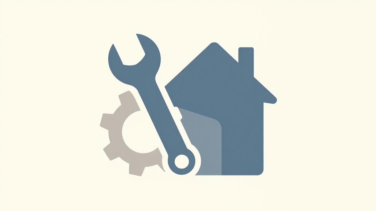 Wrench and gear overlapping a house silhouette