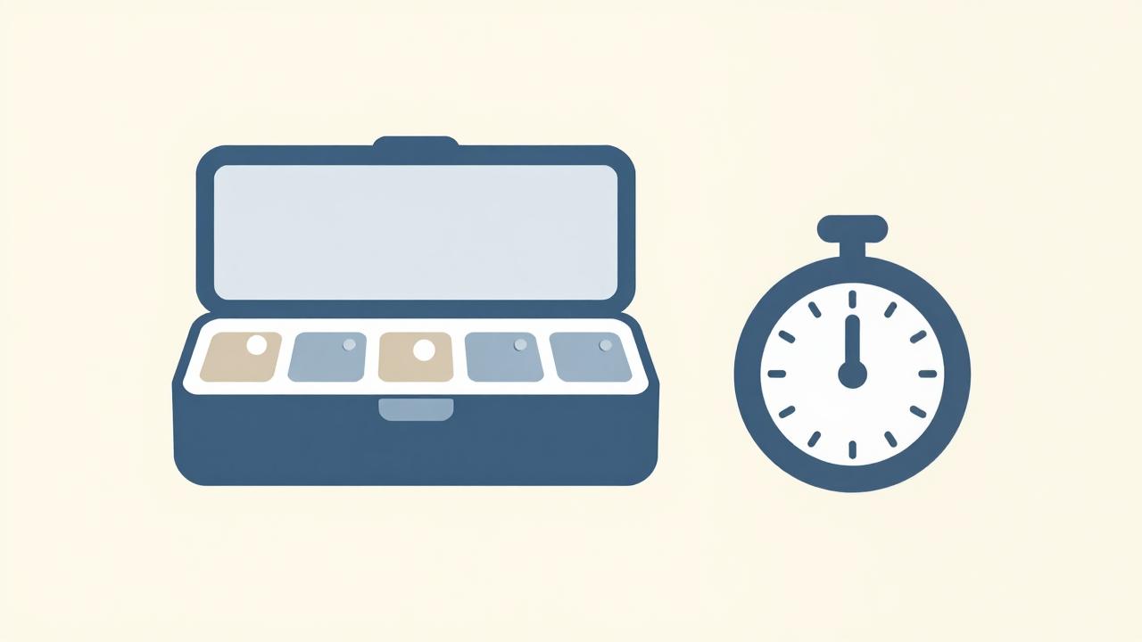 Weekly pill organizer box next to a timer