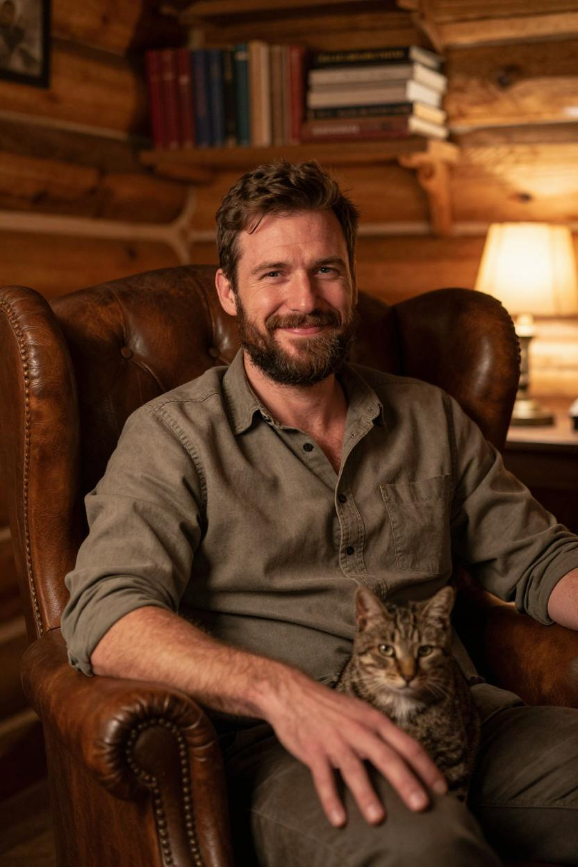 Calvin Reed, author, in his cabin with his cat Marlin